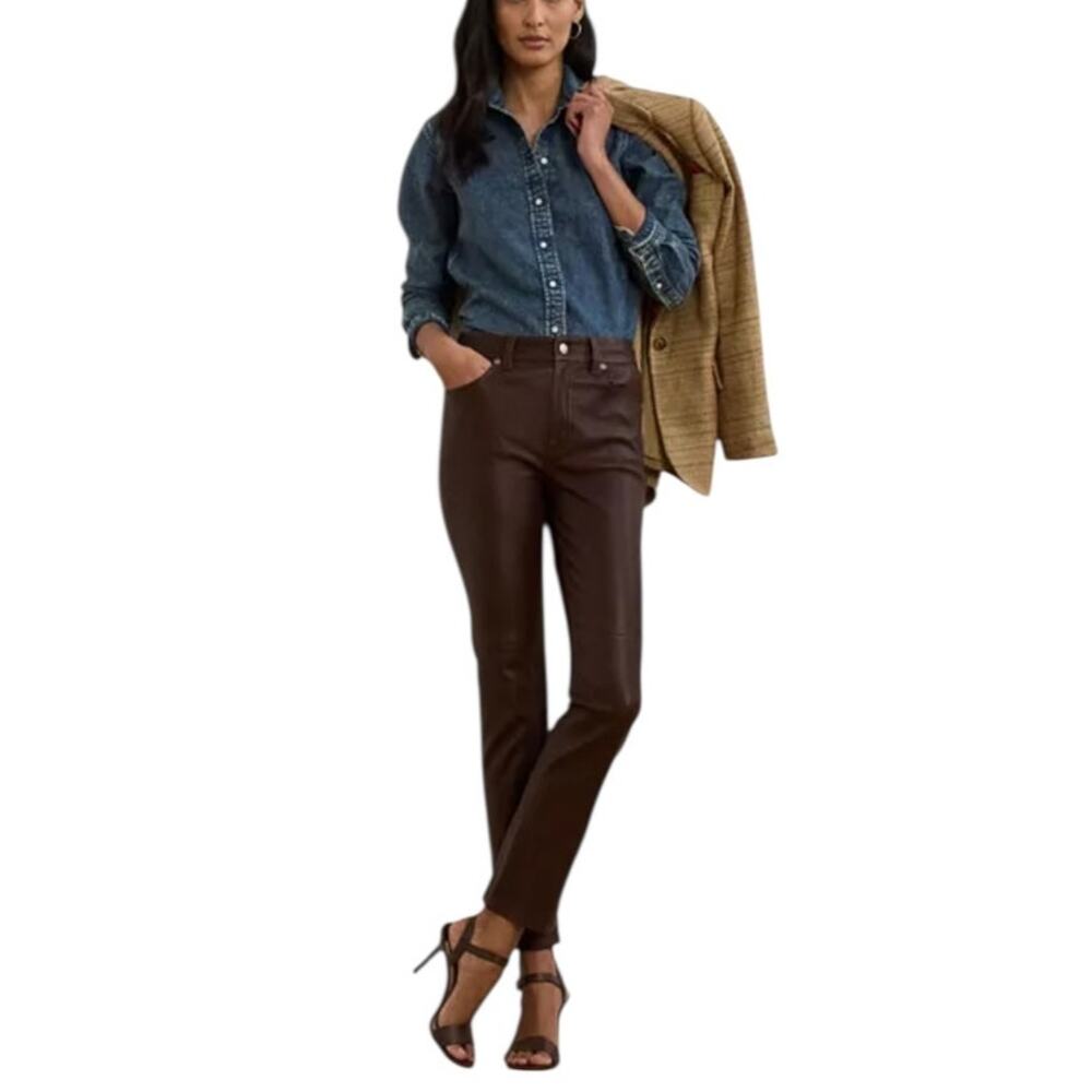 Ralph Lauren 100% Lamb Soft Leather Brown Mid Rise Pants Straight Leg Size 8